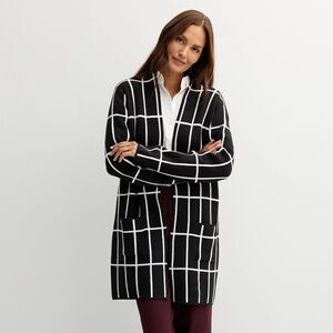 Nine West Cardigan Long Sweater Size Large Black White Stripes Collar Coatigan